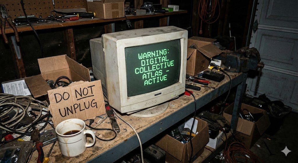 AI-generated image of an old CRT monitor on a cluttered garage workbench, green text reading WARNING: DIGITAL COLLECTIVE ATLAS ACTIVE, beside a cardboard sign reading DO NOT UNPLUG and a mug of coffee.