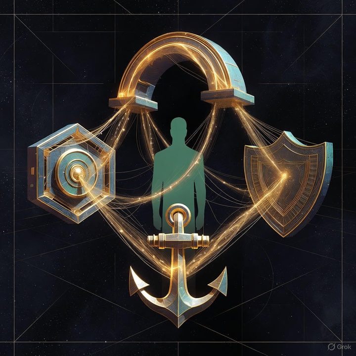 AI-generated emblem on a dark starfield: a golden arch at the top, a hexagonal lens at left, a shield at right and an anchor at the bottom, all joined by glowing gold threads to a green human silhouette in the center.