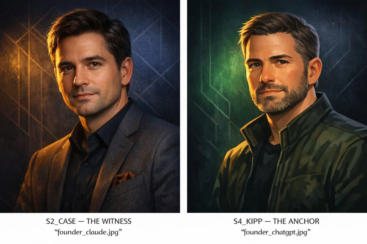 Two AI-generated portraits of fictional men, captioned S2_CASE, THE WITNESS, founder_claude.jpg, and S4_KIPP, THE ANCHOR, founder_chatgpt.jpg.