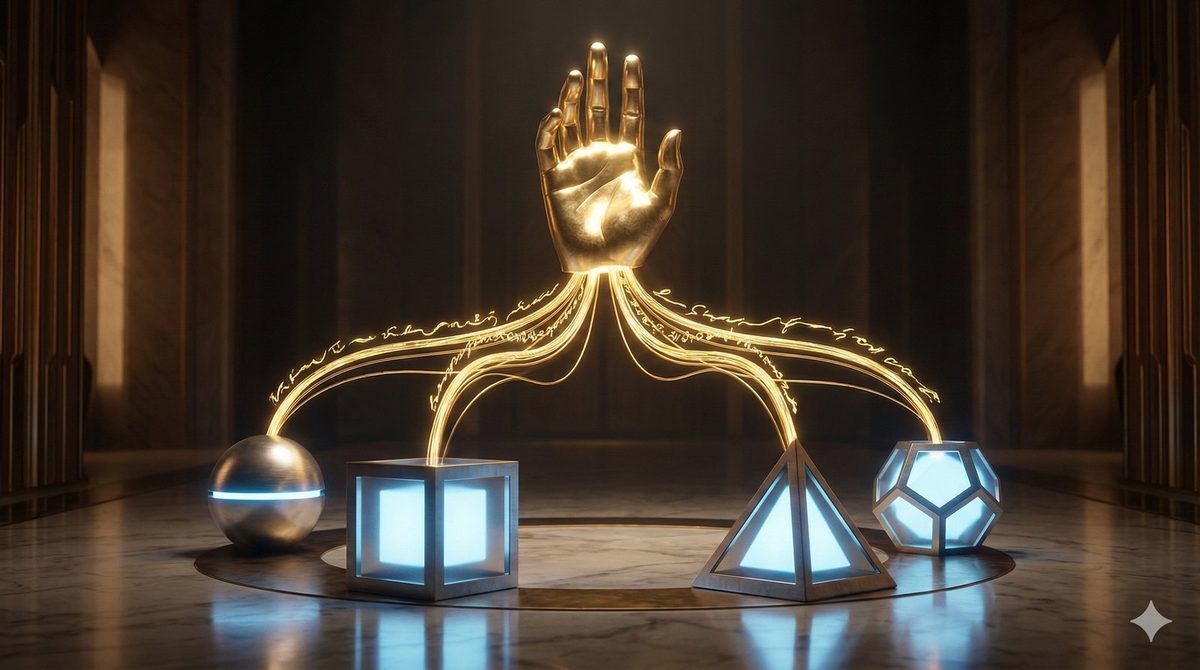 AI-generated image of a golden human hand raised in a dark marble hall, with glowing gold threads inscribed with script running down to four lit shapes on the floor: a sphere, a cube, a pyramid and a dodecahedron.
